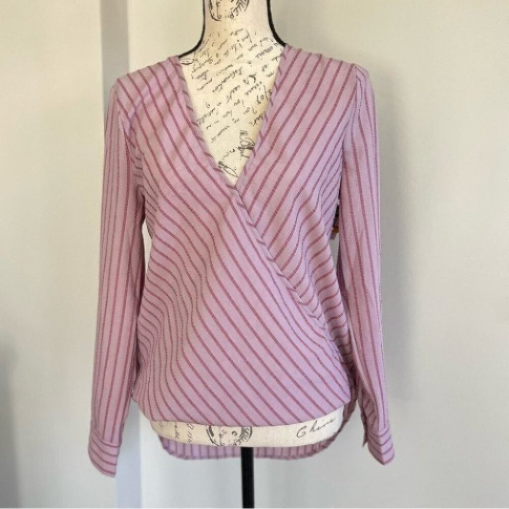 BCBGMaxazria Pink Striped Vneck Long Sleeve Faux Wrap Top